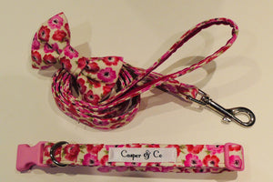 Pink Poppies dog collars, leads & bows.