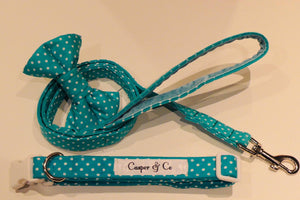 Teal Polka Dot collars, leads & bows.